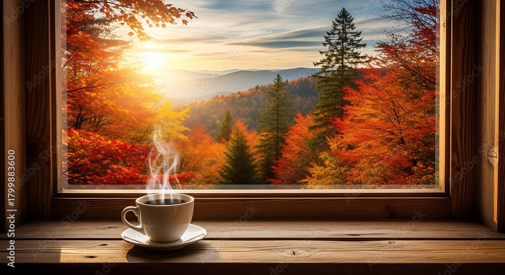 Obraz premium Cozy Autumn Morning View From Window with Steaming Coffee image whisk