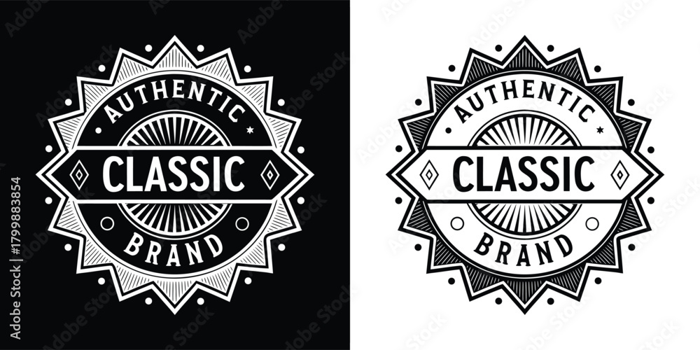 Obraz premium Authentic classic brand emblem with a retro, handdrawn style, presented on both black and white backgrounds for versatile use