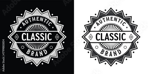 Authentic classic brand emblem with a retro, handdrawn style, presented on both black and white backgrounds for versatile use