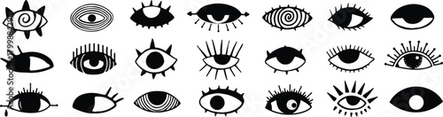 Set with  eyes . Hand drawn vector human parts of faces elements, Eye icons. Open and closed human eyes , Abstract eye. Vision icon symbol isolated, Vector illustration.