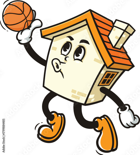 Cartoon house mascot playing slam dunk basketball