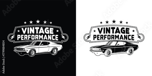 Vintage performance car emblem with stars and lightning bolts, retro automotive graphic design