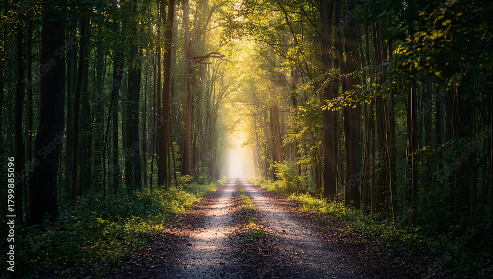 Fototapeta premium Discover the vibrant green forest path bathed in stunning sunlight for your project