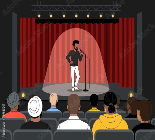 Illustration of a standup comedian performing on stage in front of an audience, under the spotlight, with a red curtain backdrop, creating an atmosphere of entertainment and humor