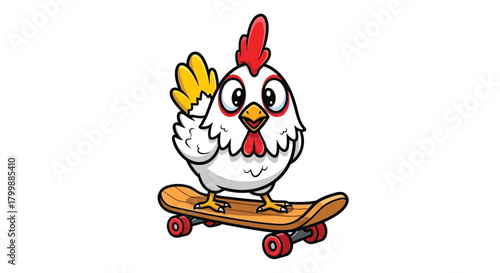A cute cartoon chicken with a red comb waves while standing on a wooden skateboard.