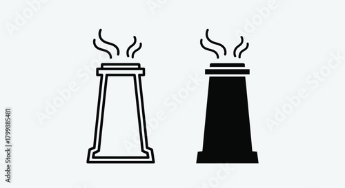 Two stylized illustrations of industrial chimneys, one outlined and the other solid black, with smoke.