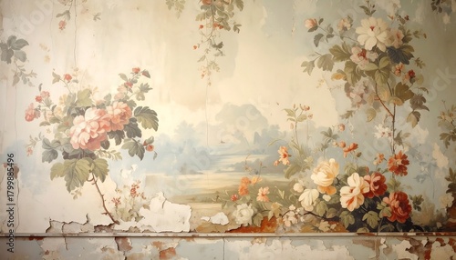 A close-up view presents an aged mural with vibrant floral motifs and a faint, ethereal landscape background, portraying weathered elegance