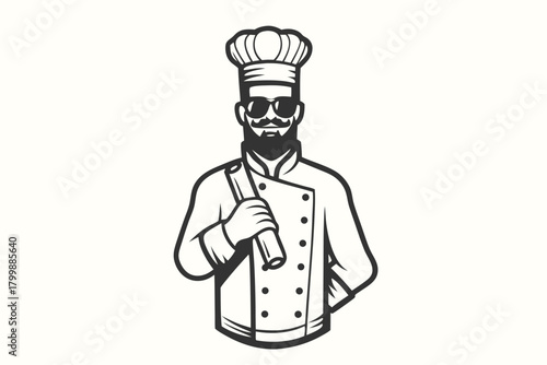 Monochrome chef with mustache and glasses confidently holds a cooking tool in his professional attire