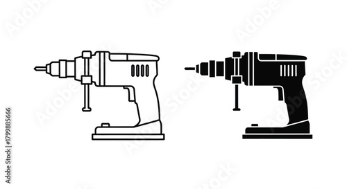 Two illustrations of a cordless electric drill, one in outline and the other in solid black silhouette.