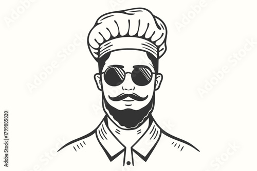Monochrome sketch shows a chef with round sunglasses wearing a professional cooking hat