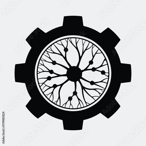 Silhouette gear with neuronal network inside brain concept vector illustration