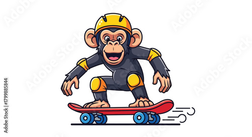 Happy cartoon monkey wearing a yellow helmet and protective gear, skateboarding on a red board with blue wheels.