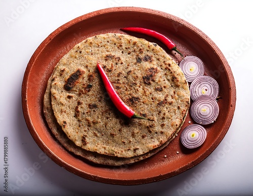 traditional Gujarati cuisine from India  On an earthen clay tawa pan, toasted flat bread ragi roti or finger millet bhakri with a piece of onion and a chili pepper, top view, white backdrop