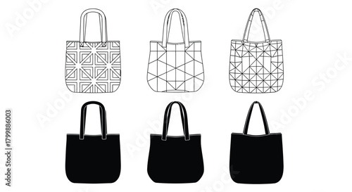Six tote bags with geometric and solid black designs in a grid layout.