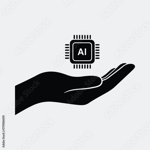 Silhouette hand holding artificial intelligence microchip technology vector illustration
