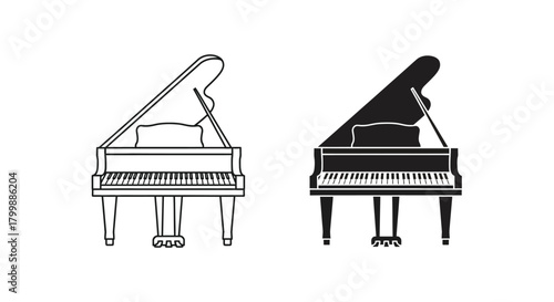 Two grand pianos, one outlined and one filled in black, are shown side-by-side on a white background.
