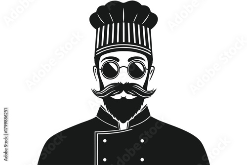 Monochromatic depicts a bearded chef wearing round spectacles and a tall hat
