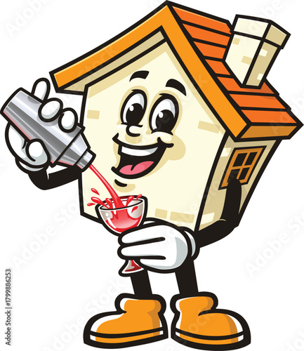 Cartoon house mascot making a cocktail