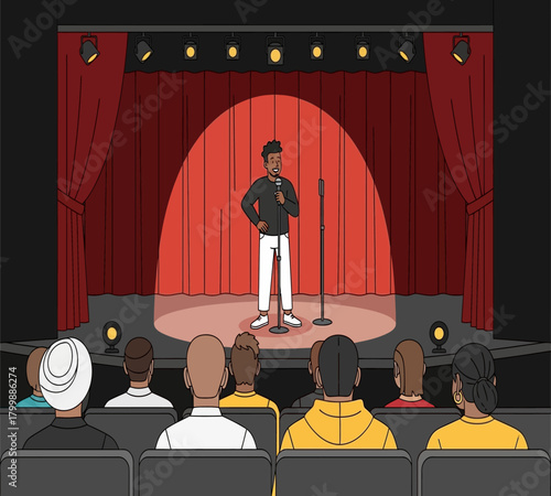 Illustration of a standup comedian performing on stage in front of an audience, under the spotlight, with a red curtain backdrop, creating an atmosphere of entertainment and humor