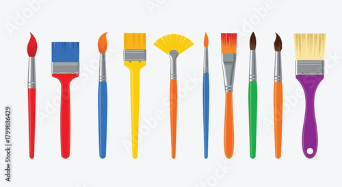 A collection of colorful artist paintbrushes of various shapes and sizes on a white background.