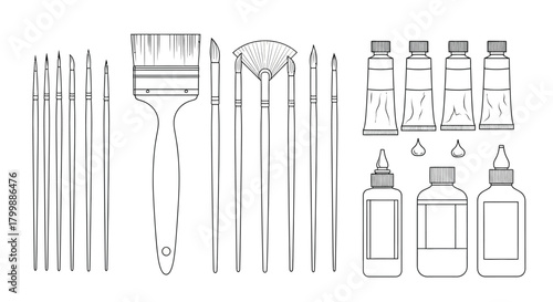 A collection of art supplies including various brushes, tubes of paint, and bottles of glue.