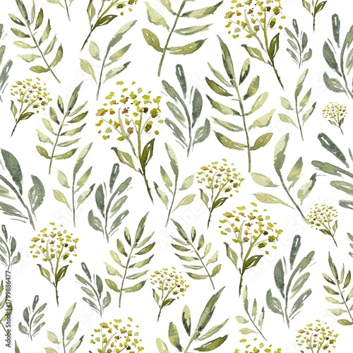 Pattern, watercolor painting, grass, leaves, branches