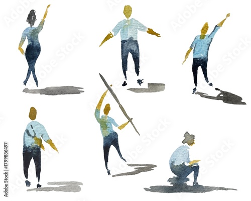 Watercolor painting, person in motion, human emotions, pattern