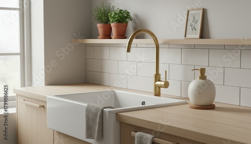 Modern scandi sink area with gold faucet and ceramic dispenser