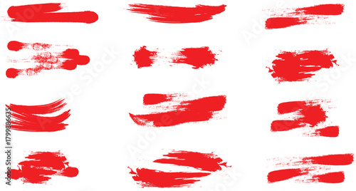 Set of red brush strokes  ,Vector red paint, ink brush stroke, brush, line or texture ,Painted grunge stripes set. Red labels, Handmade design elements. Vector illustration.