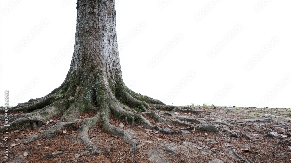 Fototapeta premium Majestic tree with sprawling roots, textured bark, and natural earthy tones on a white background for environmental and nature themes