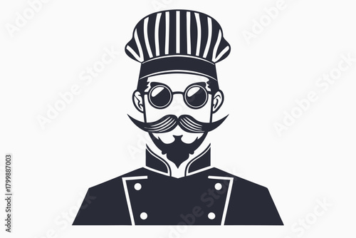 Whimsical chef with round glasses and mustache dons a toque in monochrome aesthetic