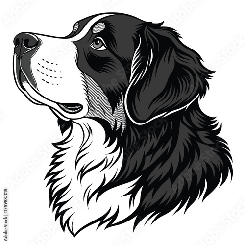 Realistic vector icon of a bernese mountain dog head with detailed fur and expressive eyes