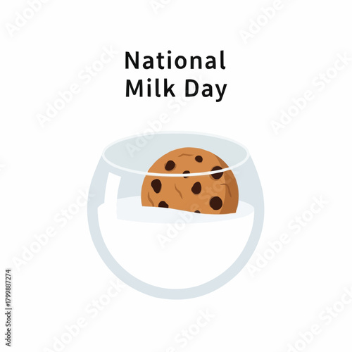 A festive illustration for National Milk Day showing the classic snack of a cookie dipped in milk