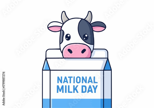 Happy National Milk Day celebration with a cute cartoon cow and milk carton illustration