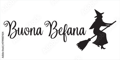 Black witch flying on broomstick with script text vector