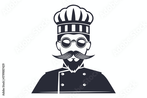 Stylized chef with an elaborate mustache, beard, and glasses, wearing a tall chef's hat