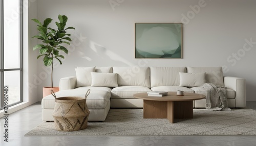 Clean lounge area with woven basket and plant