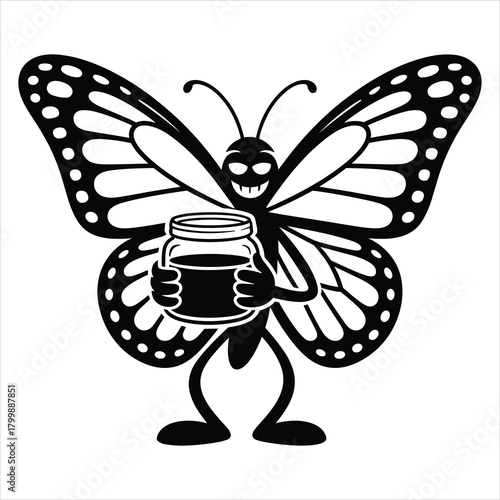 Smiling butterfly character holding a secret jar of sweet nectar isolated on white background, Vector