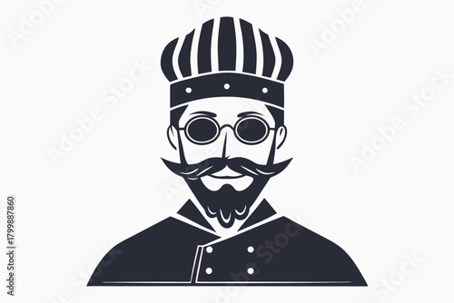 Minimalist shows bearded man in chef hat and glasses with dark monochrome palette