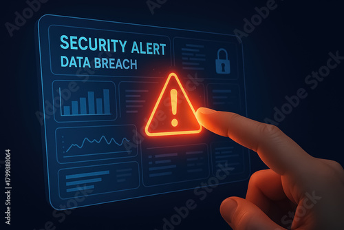 Hand pointing at a glowing red warning triangle on a digital interface displaying “Security Alert: Data Breach,” representing cybersecurity threats and data protection issues