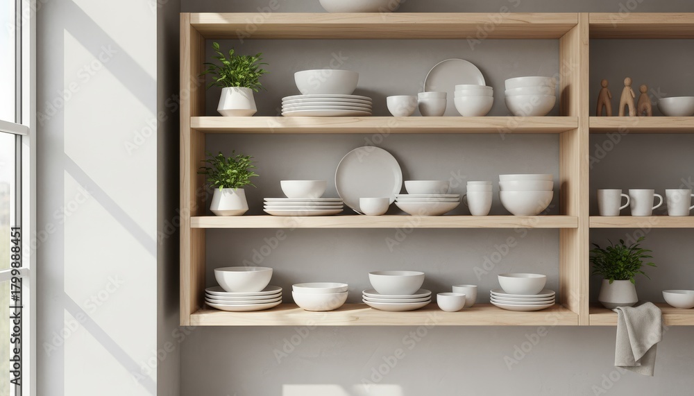 Fototapeta premium White ceramic dishes on modern wooden shelves