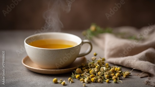 Fototapeta Naklejka Na Ścianę i Meble -  Closeup of steaming chamomile tea in a cozy ceramic cup resting on a beige linen coaster with fresh chamomile flowers and soft fabric in warm, inviting tones, evoking comfort and relaxation