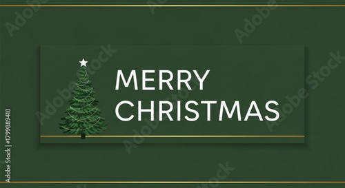 Merry christmas greeting card with christmas tree isolated on green background