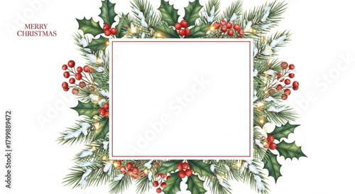 Christmas frame with fir branches and red berries isolated on white background