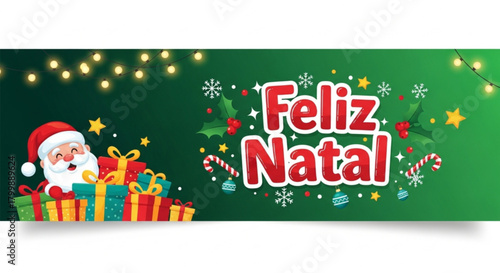 Festive banner with santa claus and gifts for feliz natal celebration
