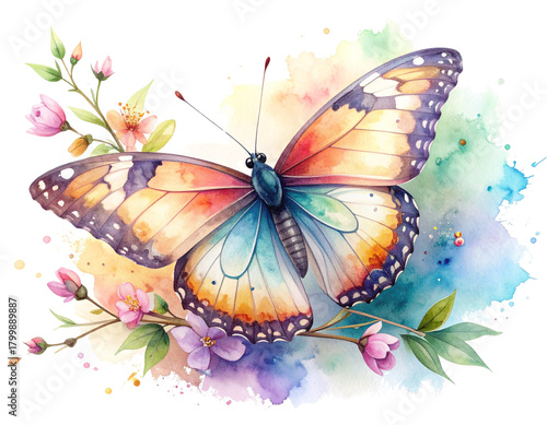  Delicate Watercolor Butterfly Resting on Floral Branch with Ink Splatter Highlights, Artistic Nature Design, Isolated