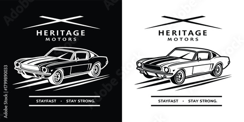 Vintage heritage motors logo featuring a classic car silhouette and the slogan stay fast stay strong on a black and white background