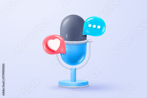 3d singer icon sign with voice podcast for vitality simplicity. mic record for music singer and song or audio podcast concepts. 3d voice icon vector render illustration for scream and loud noise