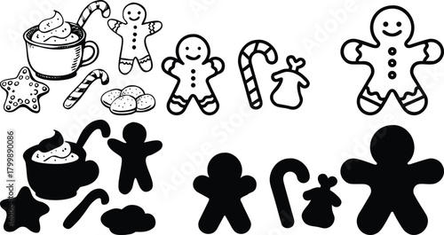 A collection of vector icons and symbol set for web design with a cartoon style illustration of people and animal silhouette