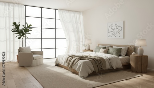 Light filled bedroom with linen bedding and minimalist decor